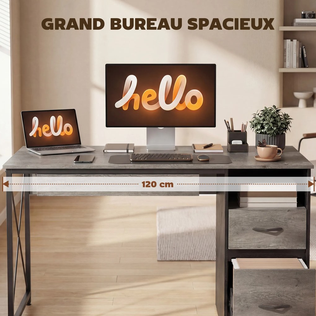 Secretária para computador, 120×50 cm, com espaço de arrumação, suporte para teclado, compartimento aberto e 2 gavetas, cinzenta