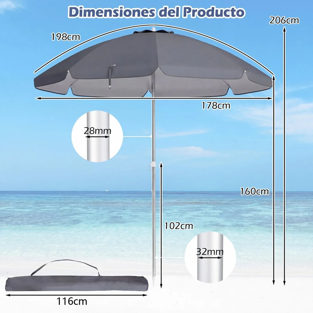 Guarda-sol de praia portátil 178 x 206 cm com inclinação ajustável e bolsa de transporte para jardim, pátio e exterior Cinzento