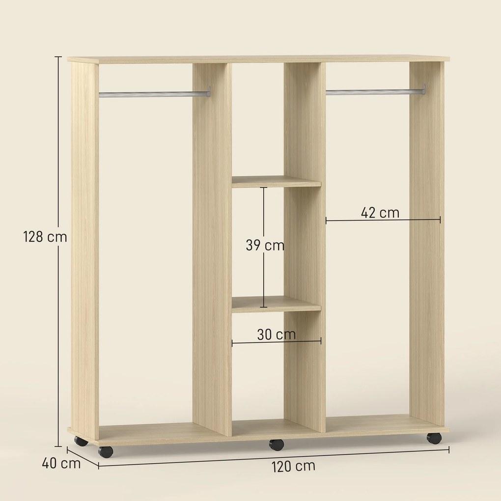 Guarda Roupa de Madeira Móvel Armário Roupeiro Aberto com 2 Barras para Pendurar e 3 Prateleiras 120x40x128 cm Madeira