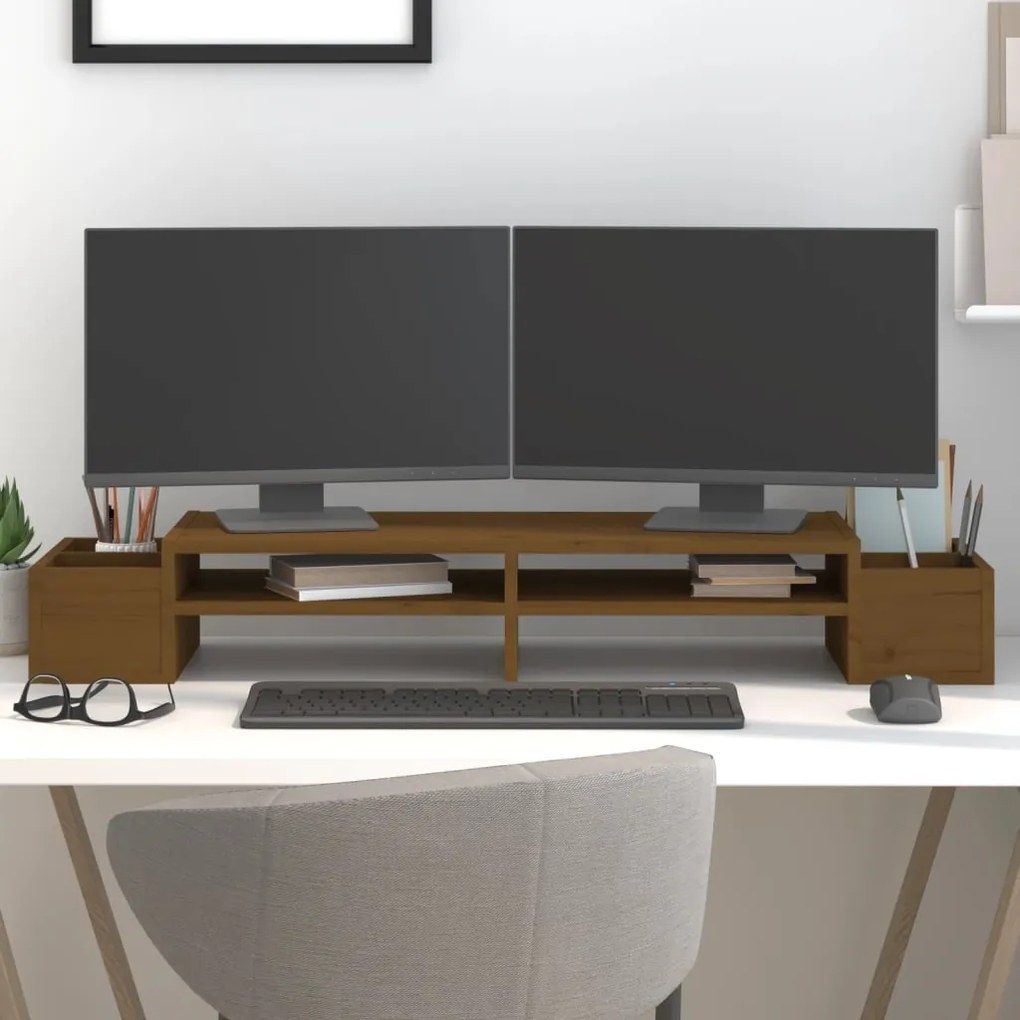 vidaXL Suporte para monitor 100x27,5x15 cm pinho maciço castanho mel