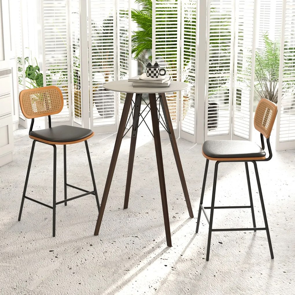 Conjunto de 2 bancos de bar em rattan com encosto e pernas em metal (MESA NÃO INCLUIDA) 45 x 45 x 94 cm Preto + Natural