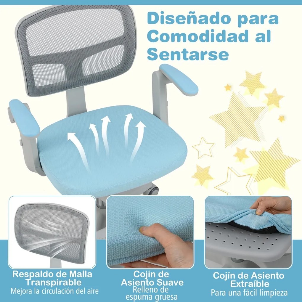 Cadeira de escritório para crianças com apoios de braços, apoio para os pés e rodas universais com altura ajustável 57 x 55 x 80-91 cm Azul