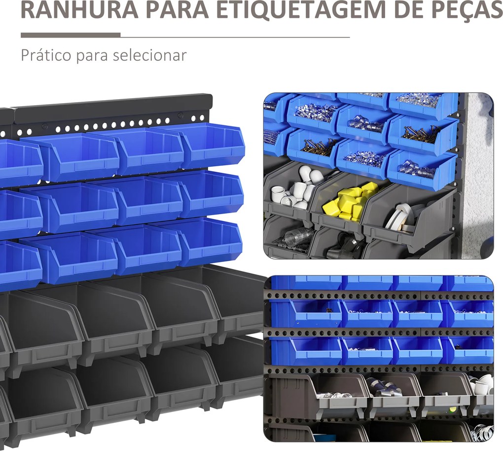 Organizador de Ferragens para Parede com 30 Caixas de 2 Tamanhos Diferentes 63x18x37,5 cm Azul e Cinza