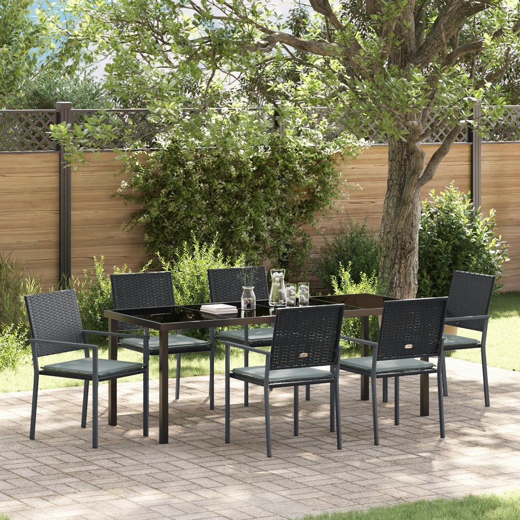 vidaXL Conjunto de Jantar de Jardim de 7 Peças com Almofadas em Rattan Sintético Preto