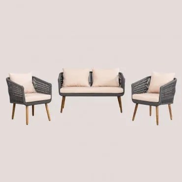 Conjunto De Jardim Com Sofá De 2 Lugares E 2 Poltronas Em Madeira De Acácia E Corda Trançada Estilo Barker Cinzento Do Exército - Sklum