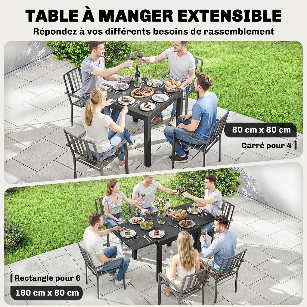 Mesa de jardim extensível para exterior, para 4-6 pessoas (CADEIRAS NÃO INCLUIDAS), com extensão com armazenamento integrado, em alumínio, 80-160 x 80