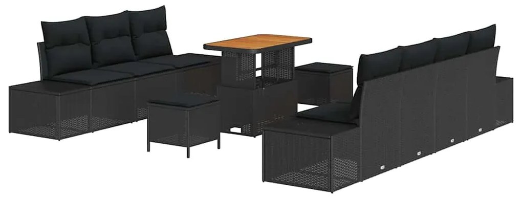 Conjunto de Sofá de Jardim de 10 peças com Almofadas Preto Rattan Acác