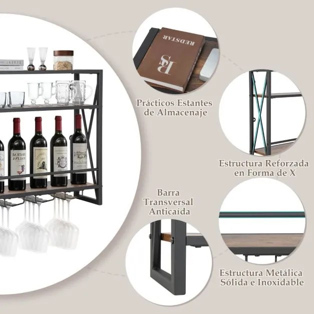 Garrafeira metálica industrial de parede para vinhos 3 níveis 4 suportes para copos Estante para garrafas para bar cozinha 80 x 20 x 63 cm Castanho