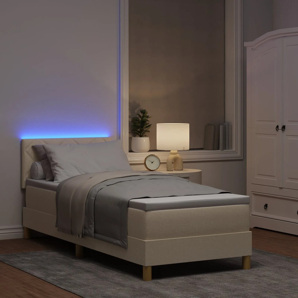 Cama Box Spring com Colchão &amp; LED Creme 80x200 cm Tecido