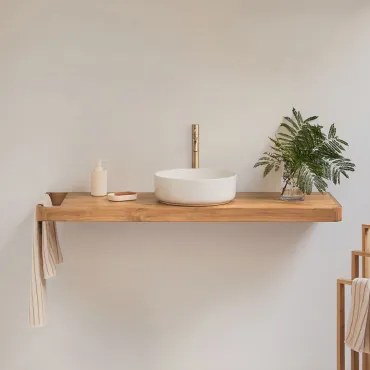 Conjunto De Móvel De Casa De Banho 130x45 Cm Suspenso Em Madeira De Teca Neill Madeira De Teca & Cerâmica Redonda Branca Ø40 Cm Lenka & Sem Espelho &