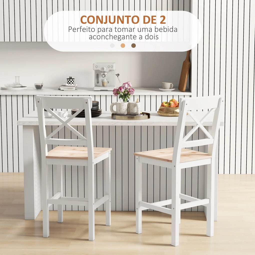 Conjunto de 2 Bancos de Bar de Madeira com Encosto e Apoio para os Pés Estilo Rústico para Cozinha 41x46x97.5 cm Natural