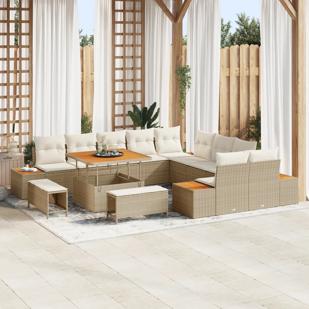 Conjunto de Sofás de Jardim com 13 Peças e Almofadas Bege em Rattan Sintético de Acácia