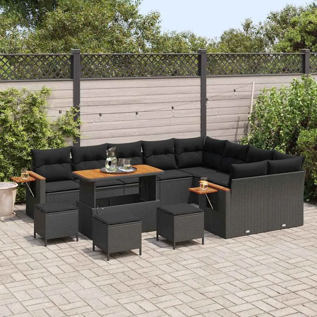 Conjunto de Sofá de Jardim vidaXL de 13 Peças com Almofadas Preto Ratt
