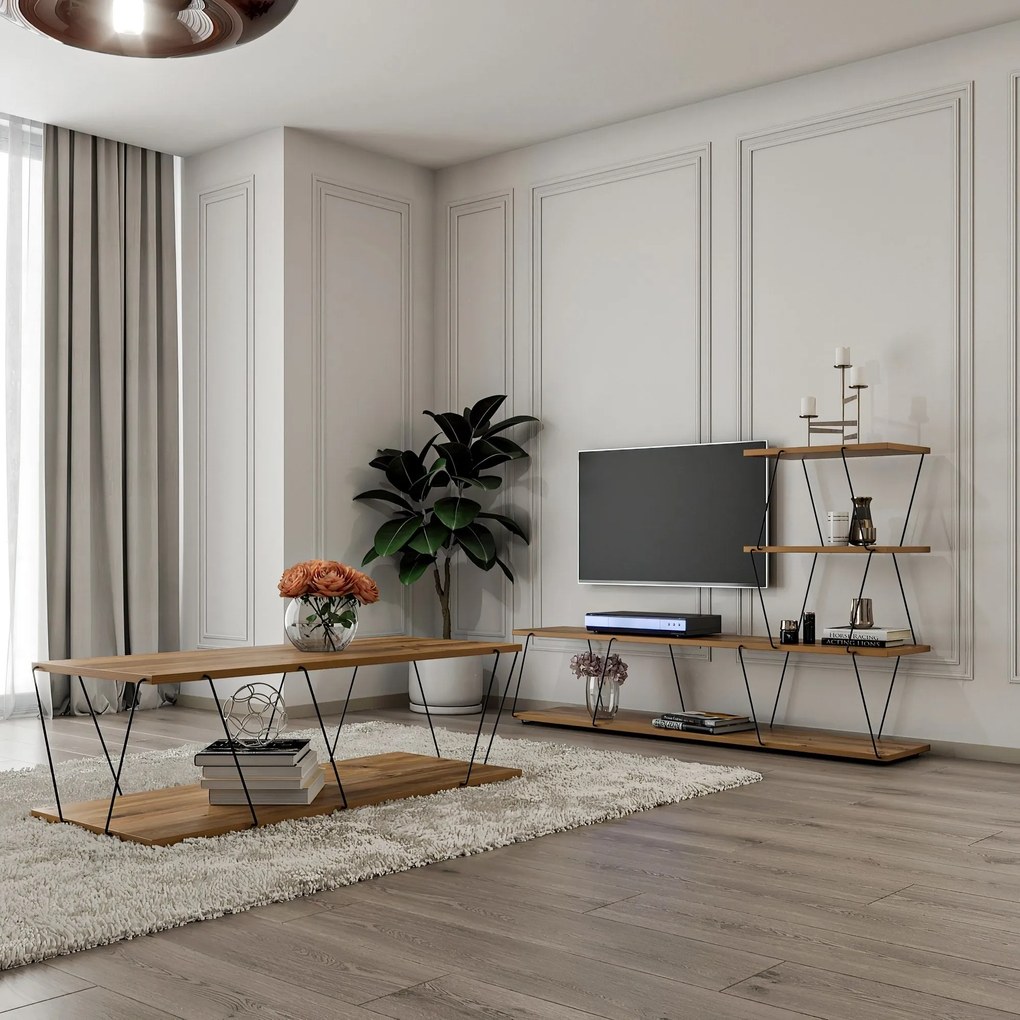 Conjunto de Mobiliário de Sala Basak – Pinho Atlântico Preto – TV Stan