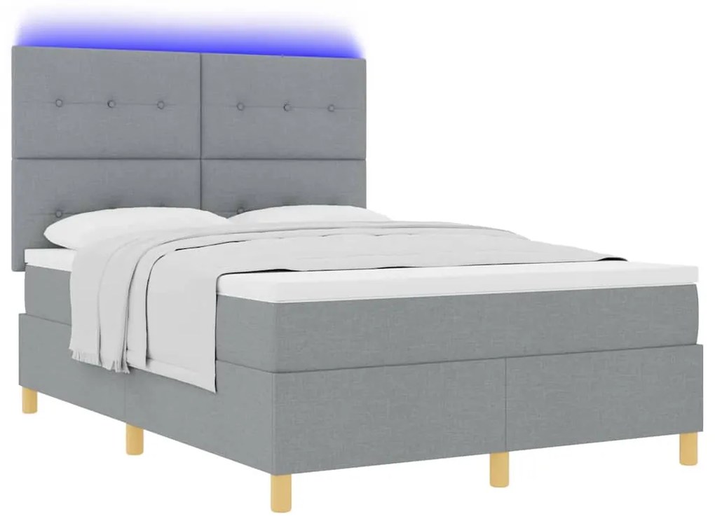 Cama com Estrutura Box Spring e Colchão &amp; Luz LED Cinzento Claro 140x2