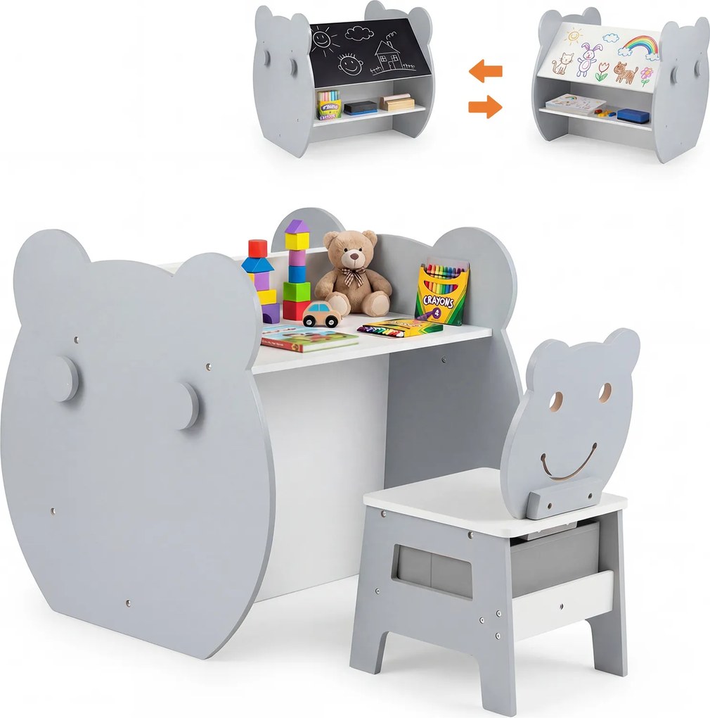 Mesa e cadeira infantil 3 em 1 com tema de urso, secretária infantil com quadro de giz de dupla face, estante, ganchos e gaveta, para crianças dos 3 a