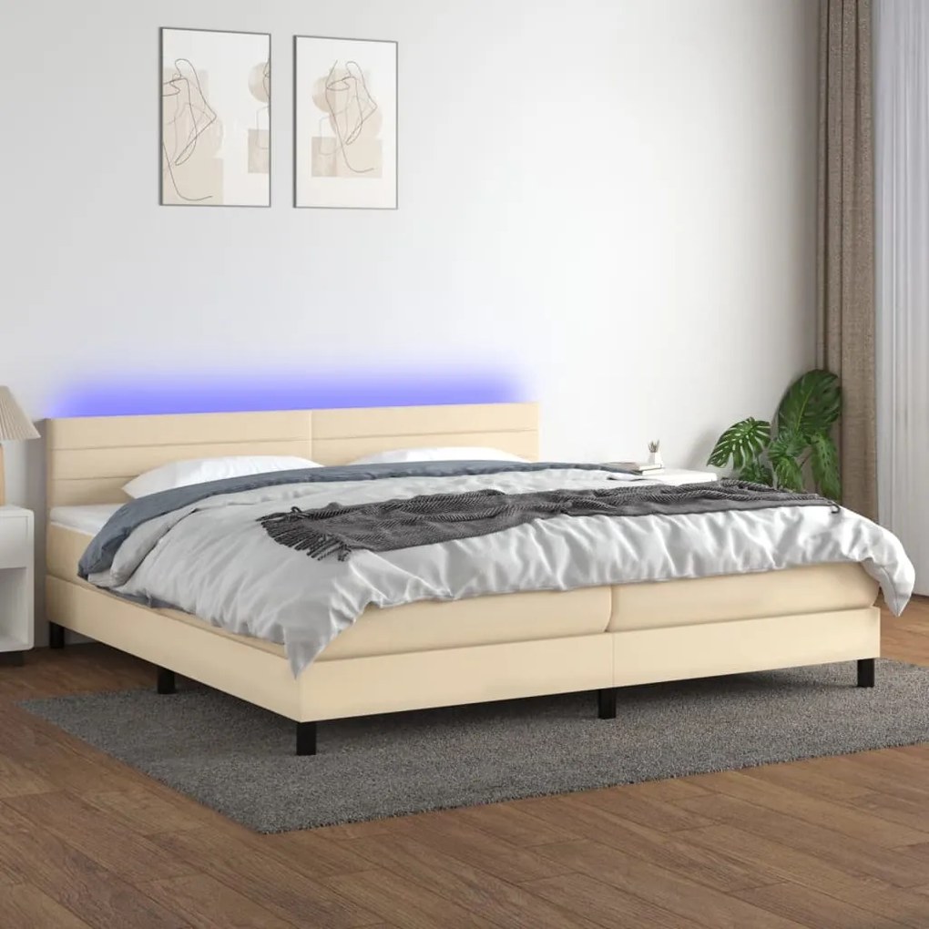 Cama box spring c/ colchão e LED 200x200 cm tecido cor creme