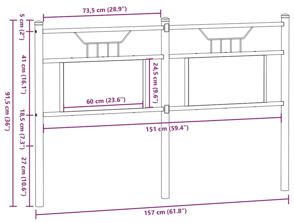 Cabeceira de cama 150cm derivados madeira/aço carvalho castanho