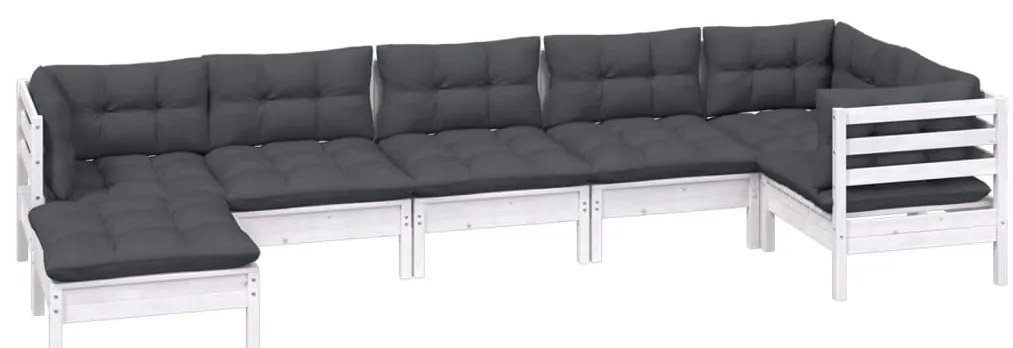 7 pcs conj. lounge de jardim c/ almofadões pinho maciço branco