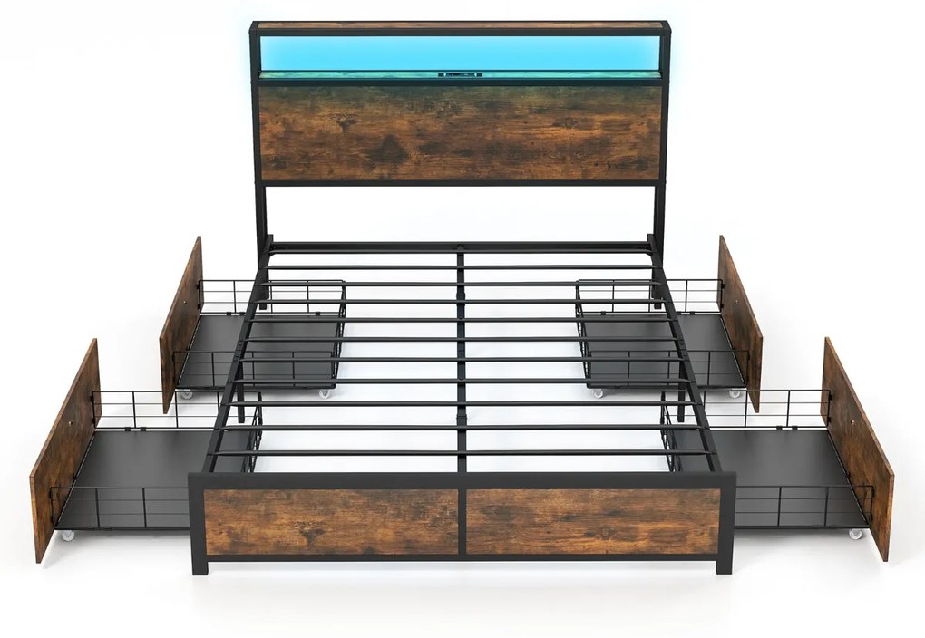 Estrutura de cama de casal 140 x 200 cm Metal Estrutura de cama de casal Luz LED RGB Cabeceira 4 gavetas de arrumação Ligação USB Plataforma de cama