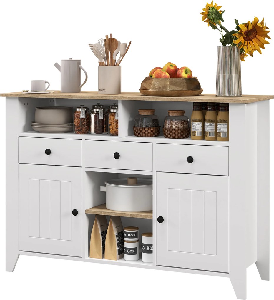 Aparador de Cozinha com 3 Gavetas 2 Armários 2 Prateleiras Abertas e 2 Prateleiras Ajustáveis Moderno 120x38x82 cm Branco