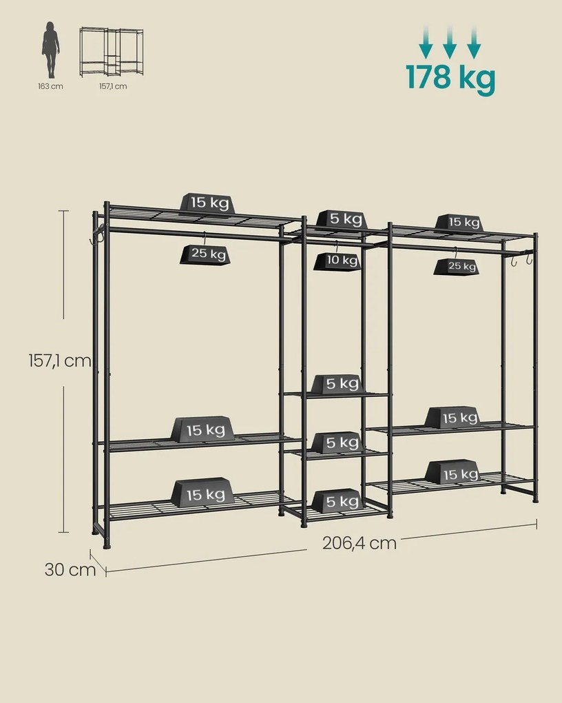 Guarda roupa aberto 30 x 206,4 x 157,1 cm com 10 prateleiras e 3 varões para cabides Preto