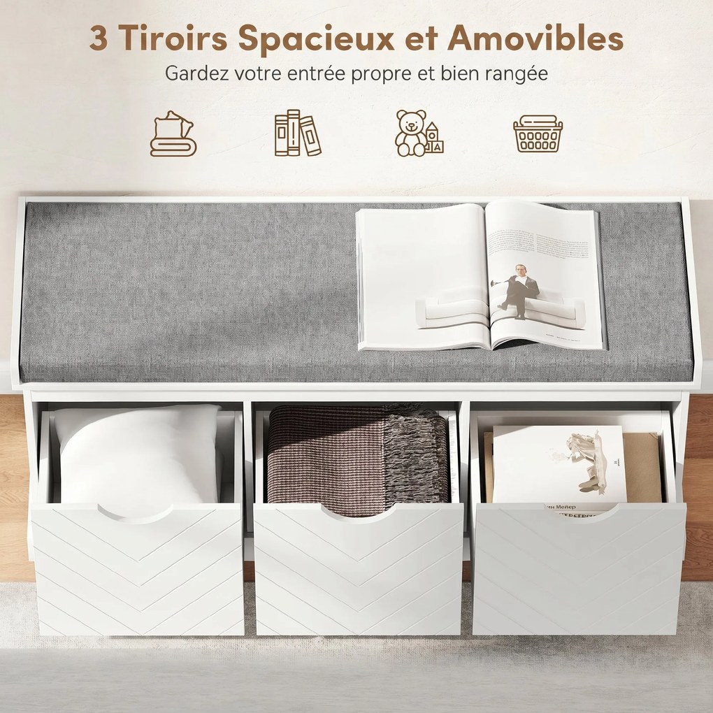 Banco para Calçado de Entrada com Arrumação, 105 x 35 x 47 cm, 3 Gavetas Amovíveis, Branco