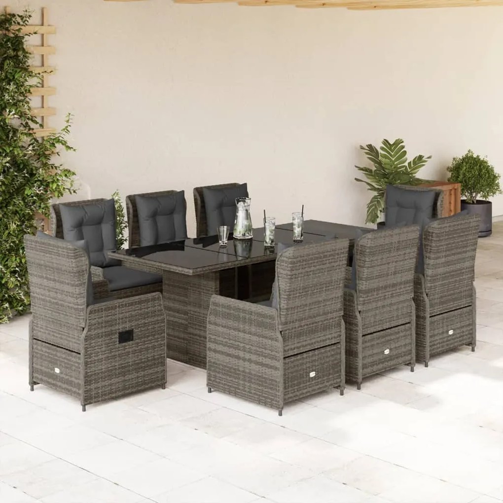 vidaXL 9 pcs conjunto de jantar p/ jardim c/ almofadões vime PE cinza