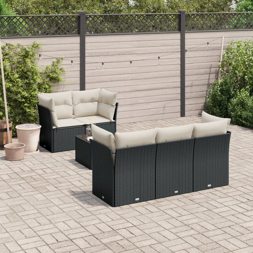 6 pcs conjunto sofás de jardim c/ almofadões vime PE preto