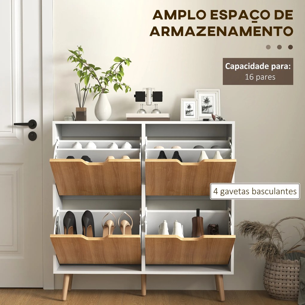 Sapateira para 16 Pares de Sapatos com 4 Gavetas e Prateleiras Ajustáveis 95x26x95 cm Branco e Madeira