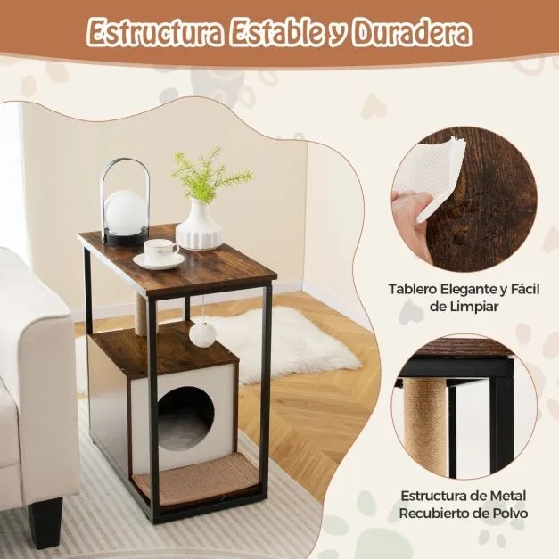 Mesa de apoio com arranhador e Casa do gato Tapete de arranhar amovível Brinquedo de bola Castanho