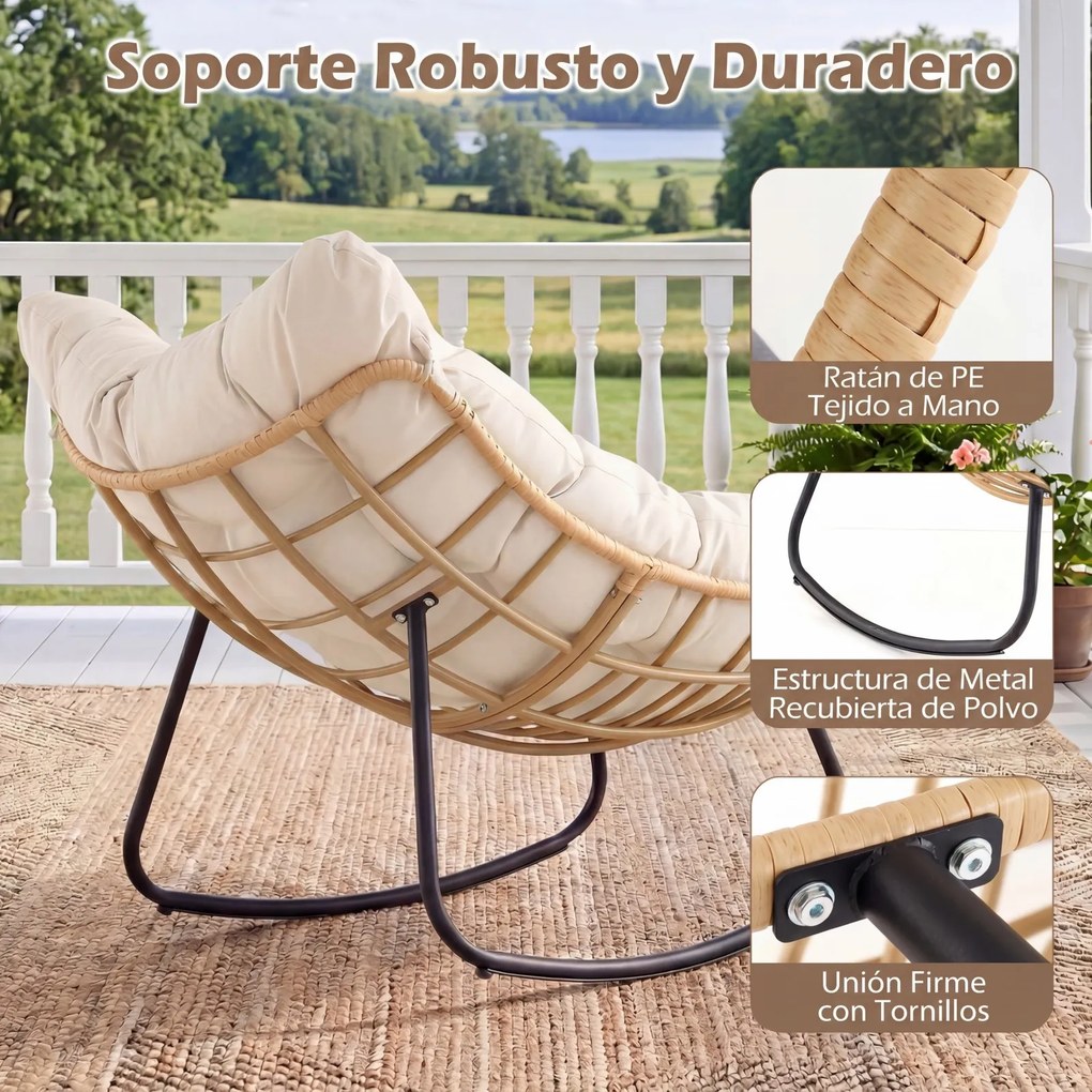 Cadeira de baloiço em forma de ovo para exterior, em rattan PE com almofada removível, estrutura metálica, oscilação de 25°, travões anti-capotamento,