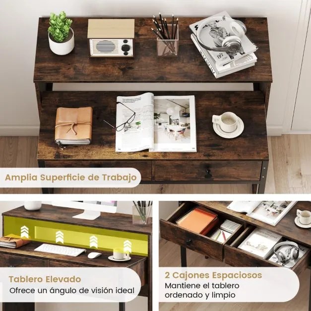 Secretária extensível, mesa pequena para computador com 2 gavetas e rodas100 x 63 x 88 cm Castanho