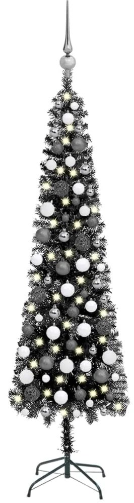 3078115 vidaXL Árvore de Natal fina com luzes LED e bolas 240 cm preta
