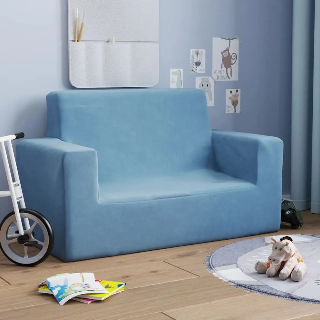 vidaXL Sofá infantil de 2 lugares pelúcia azul