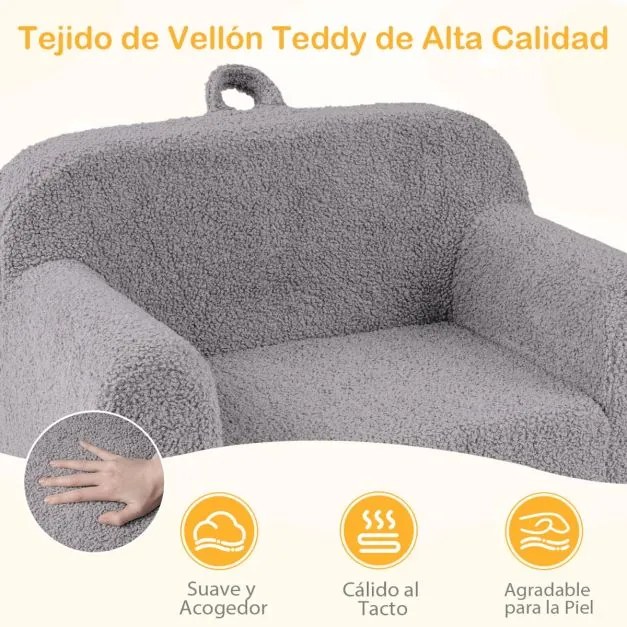 Sofá para crianças, espuma de alta densidade, capa de pelúcia com fecho, lavável, alça de transporte, antiderrapante, a partir dos 3 anos, cinzento