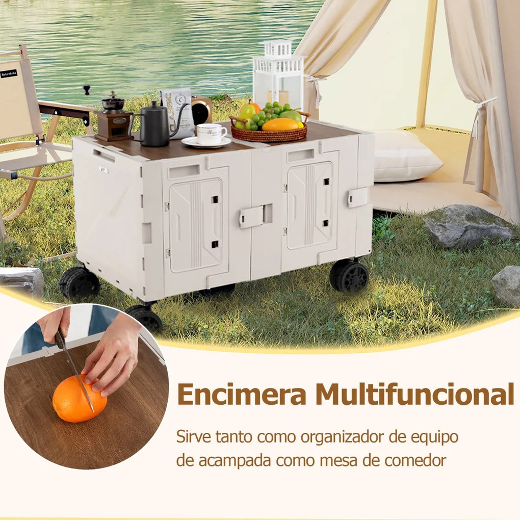 Carrinho utilitário grande com caixas de armazenamento de 2 níveis, 5 rodas, carrinho portátil dobrável para compras, campismo, branco