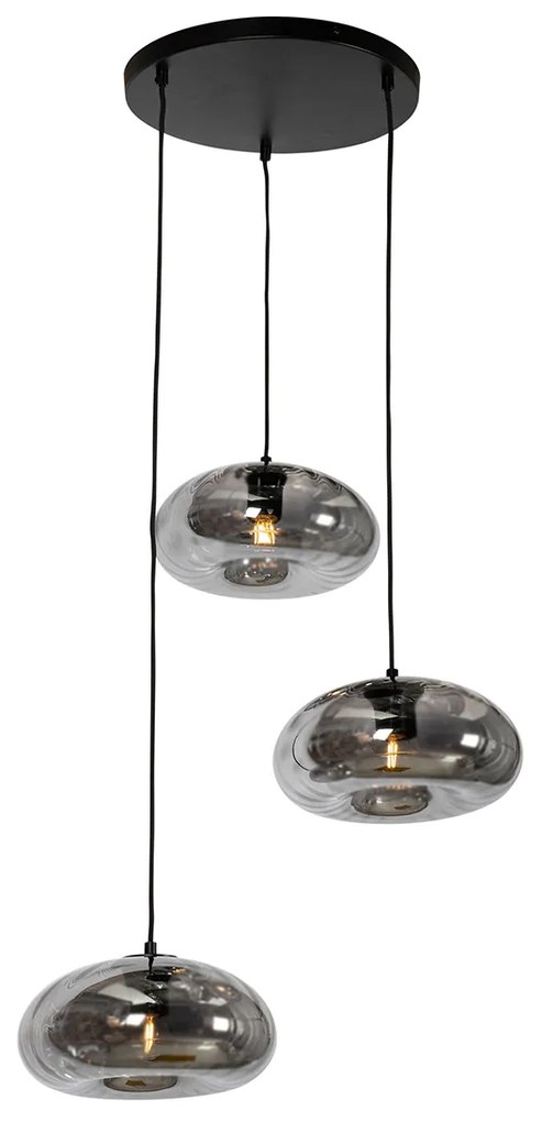 Candeeiro de suspensão Art Deco preto com vidro fumê redondo 3-luzes - Ayesha