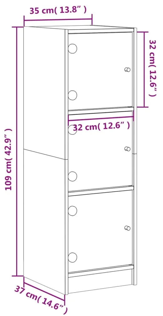 Aparador alto c/ portas de vidro 35x37x109 cm carvalho fumado