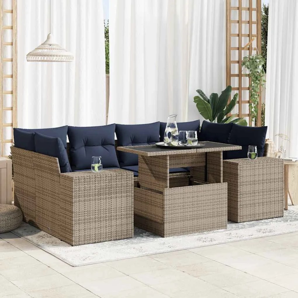 7 pcs conjunto sofás jardim almofadões vime PE/acácia cinzento