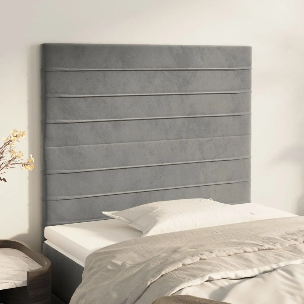 3116508 vidaXL Cabeceira de cama 2 pcs veludo 90x5x78/88 cm cinzento-claro