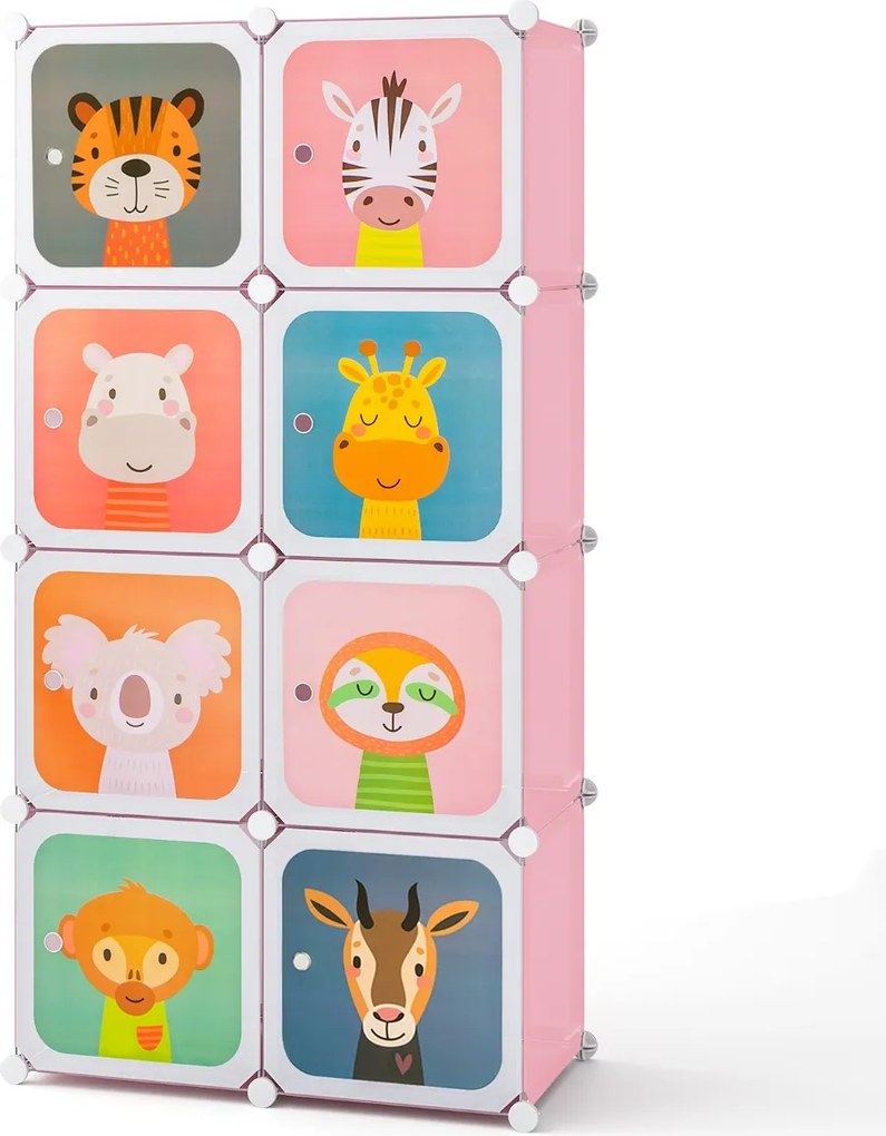 Armário infantil portátil para bebés 75 x 37 x 145 cm Plastico com 8 cubos e secção para pendurar roupas rosa