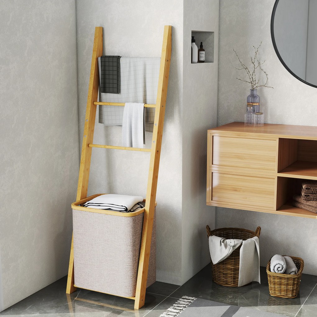 Estante para Casa de Banho de Bambu com 3 Barras e Cesto para Roupa Suja Removível de 48 L 43x35x133 cm Creme e Madeira