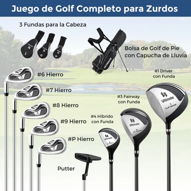 Conjunto de tacos de golfe para homens canhotos com bolsa e suporte #1 Driver #3 Fairway e #4 Híbrido com capas #6 7 8 9 #P Ferros e Putter Preto