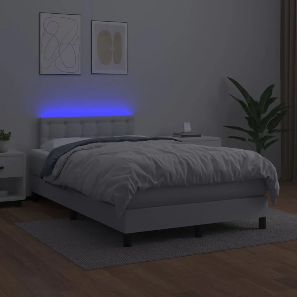 Cama box spring c/colchão/LED 120x200cm couro artificial branco