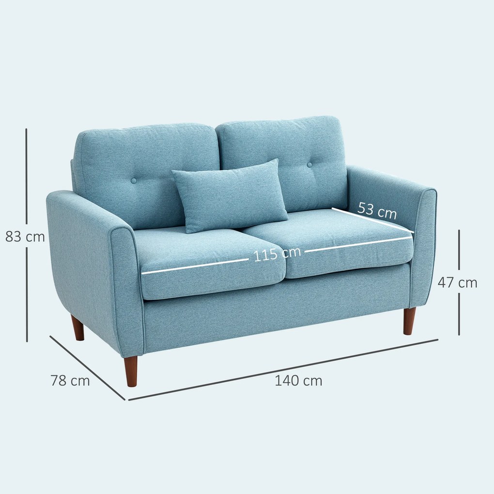 Sofá de 2 Lugares para Sala com Apoio de Braços Almofadas e Assento Acolchoado Capa de Almofada Lavável 140x78x83 cm Azul Claro