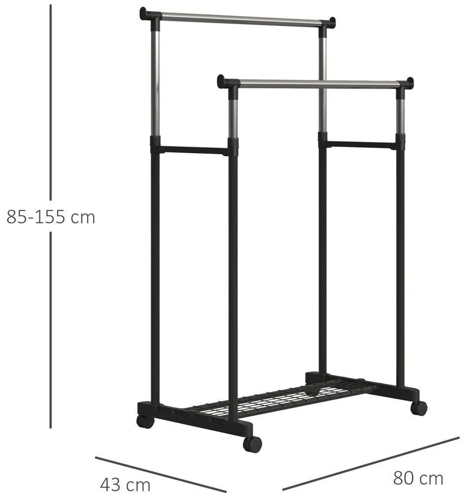 HOMCOM Charriot com Altura Ajustável Cabide com 4 Rodas para Roupa Aço Inoxidável 80x43x85-155cm Preto