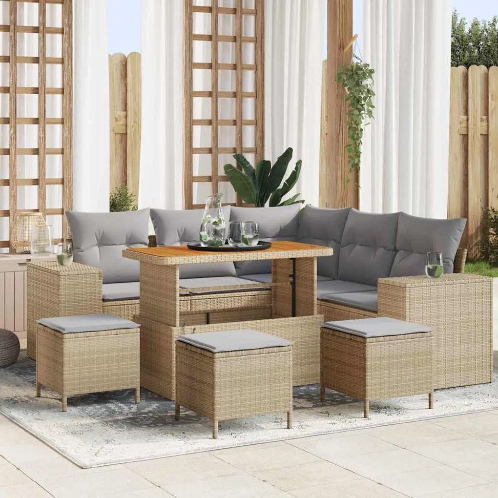 Conjunto de Sofás de Jardim de 9 Peças com Almofadas Bege, Poly Rattan