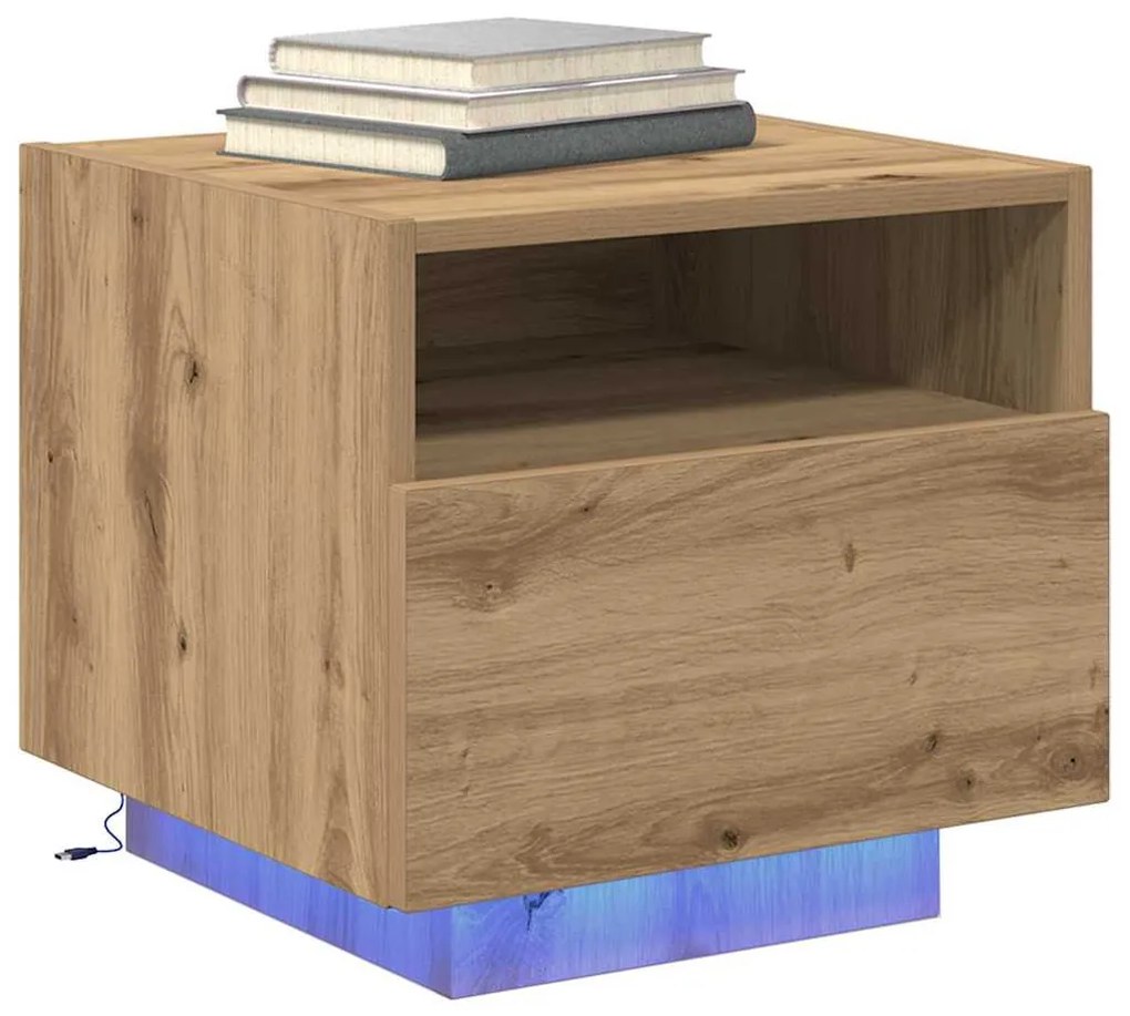 Criado-mudo vidaXL com Luzes LED Carvalho Artesanal 40x39x37 cm