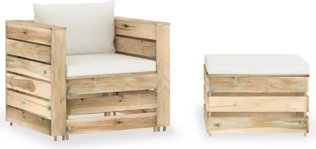 2 pcs conj. lounge jardim c/ almofadões madeira impreg. verde